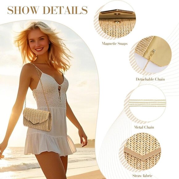 Women Straw Purse Woven Beach Clutch Crossbody Evening Handbag - Picture 3 of 7